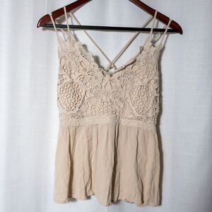 Maurices Cream Lace Crochet Tank Top Boho Babydoll Criss Cross Back Festival Med